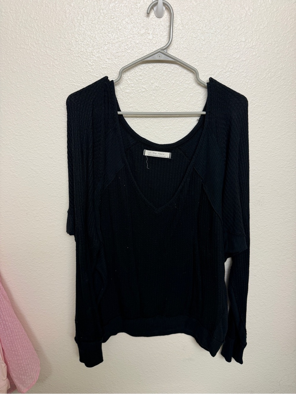 Free People Black Lightweight V-Neck Waffle Knit Top
